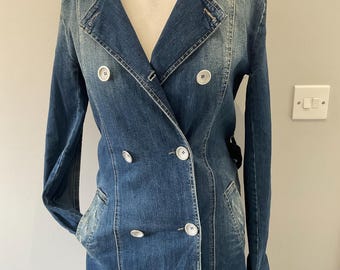 90s Y2K Marley blue denim double breasted belted trench coat jacket UK 10