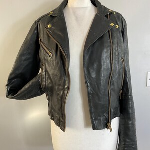 Blouson motard zippé en cuir véritable noir Mango S UK 8 10 poches
