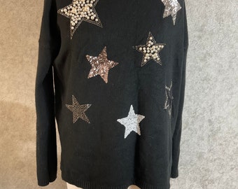 Black angora content knitted star detail sparkly beaded pullover jumper M UK 12