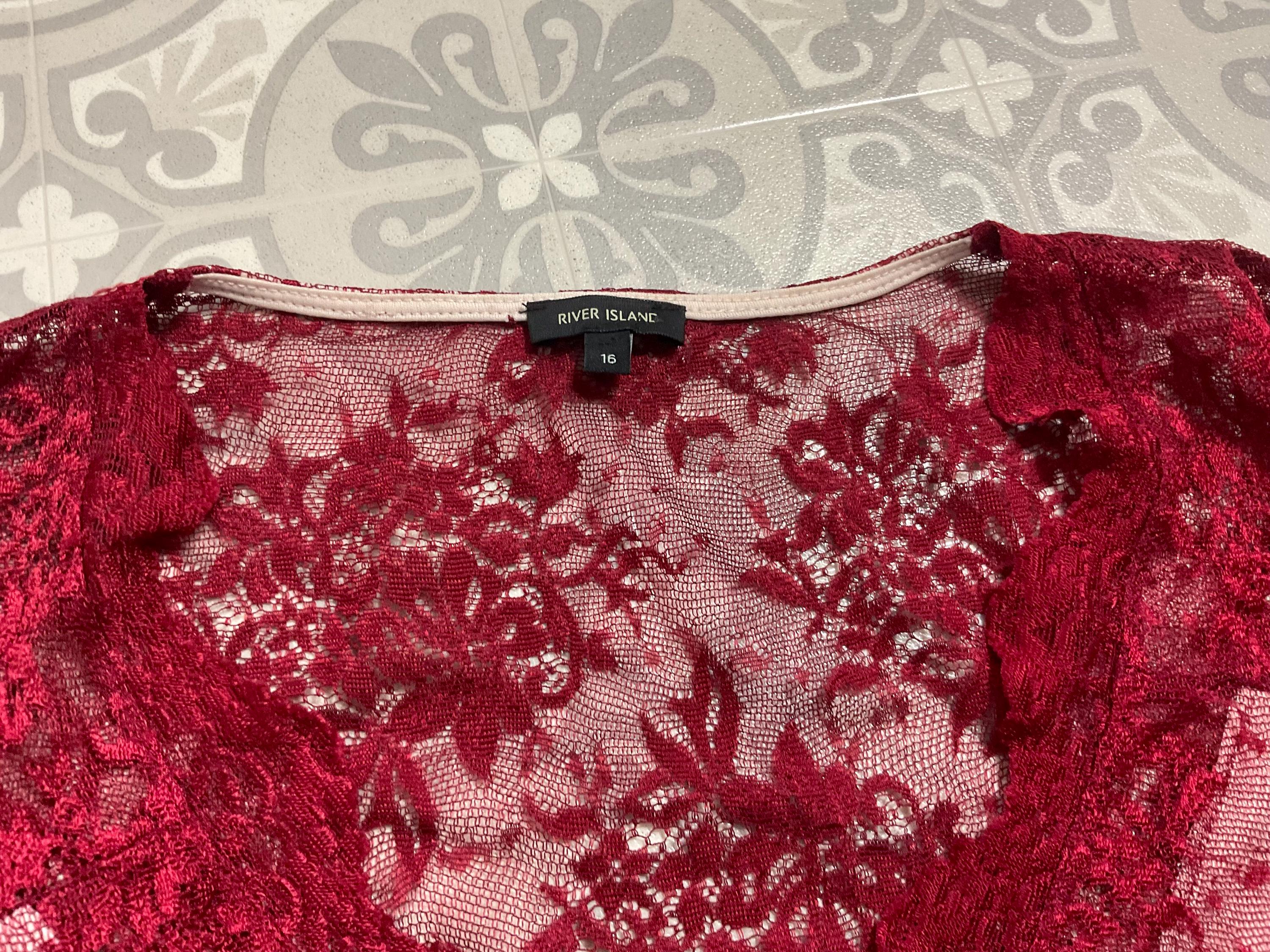River Island Dress Burgundy Red Lace Long Sleeve Scallop Hem Pencil Midi UK  16 - Etsy