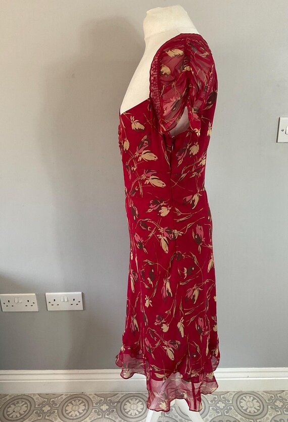 Midi Dress Y2k Bcbg Maxazria Red Floral Print Silk Lace Trim UK 12