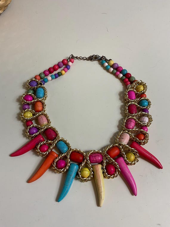 Multicoloured statement necklace Bright tooth hor… - image 1