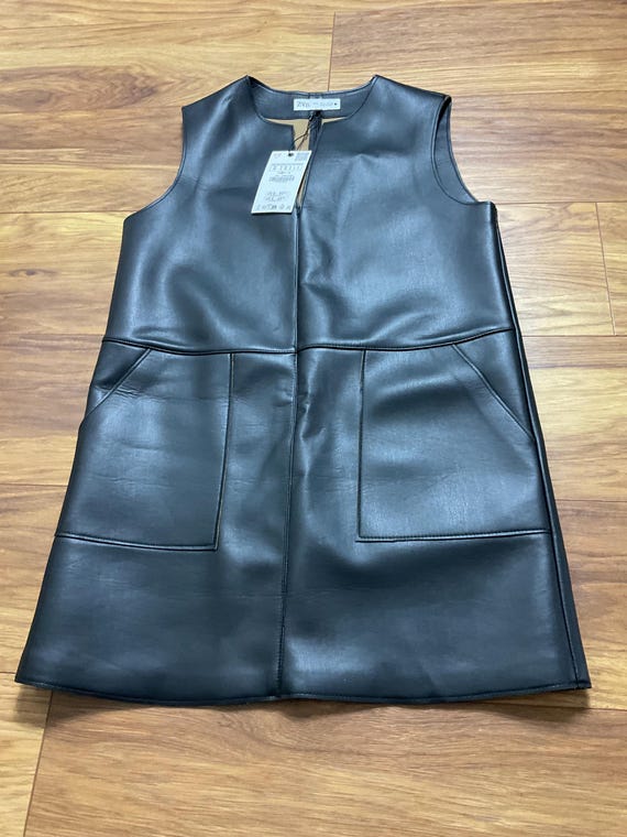 ZARA Black Faux Leather Sleeveless Mini Dress S BNWT A Line Pinafore Pockets