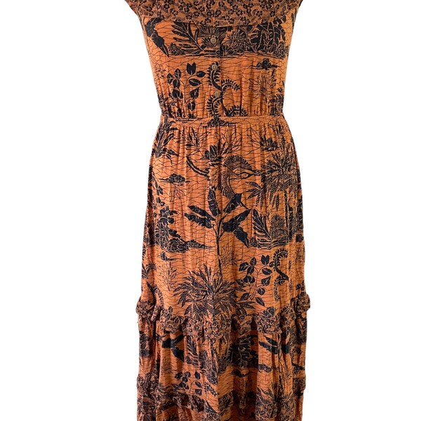 Next copper brown navy jungle tropic print off shoulder jersey midi dress  UK 12