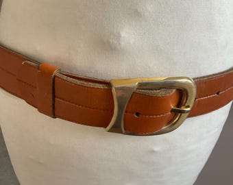 Vintage M Bellido Tan Leather Belt Gold Buckle Made In Spain Boho Y2K Retro