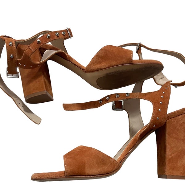 MA&LO copper brown suede studded block heels sandals 40.5 UK7.5 Made in Italy