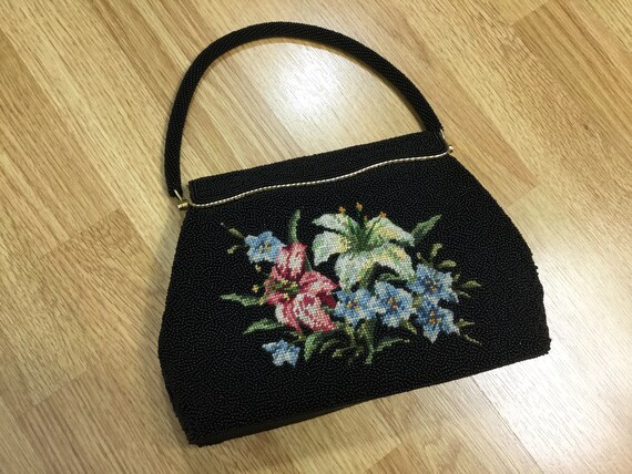 Vintage 1950s 1960s black beaded needlepoint embro