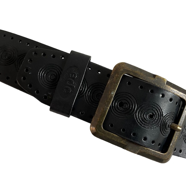 VTG EDC by esprit black real leather large buckle embossed belt fits W 35”-38”