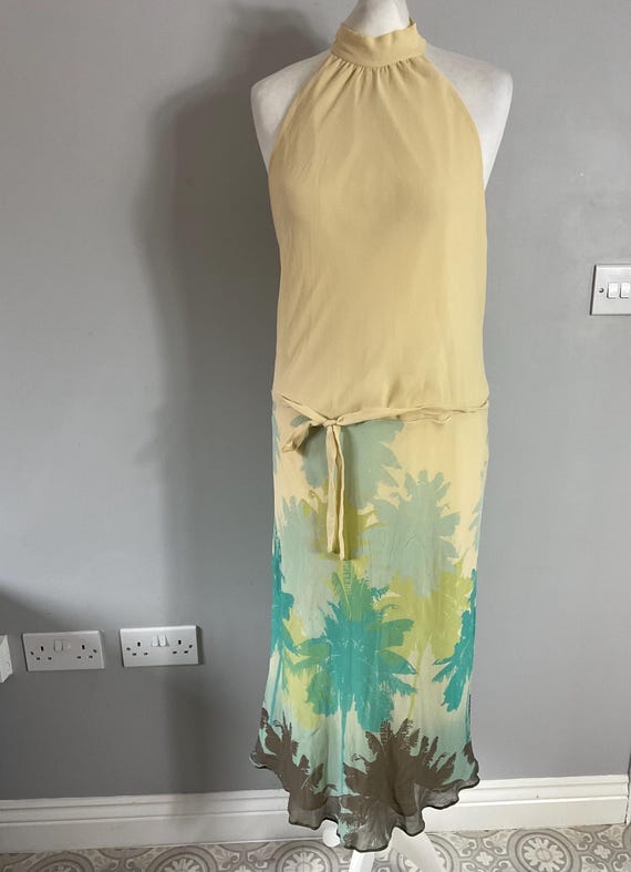 monsoon halter neck dress Monsoon beige halter neck palm tree 100% silk sleeveless midi dress UK 16