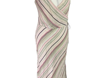VTG Y2K Gharani Strok striped 100% silk faux wrap strappy midi dress UK 12