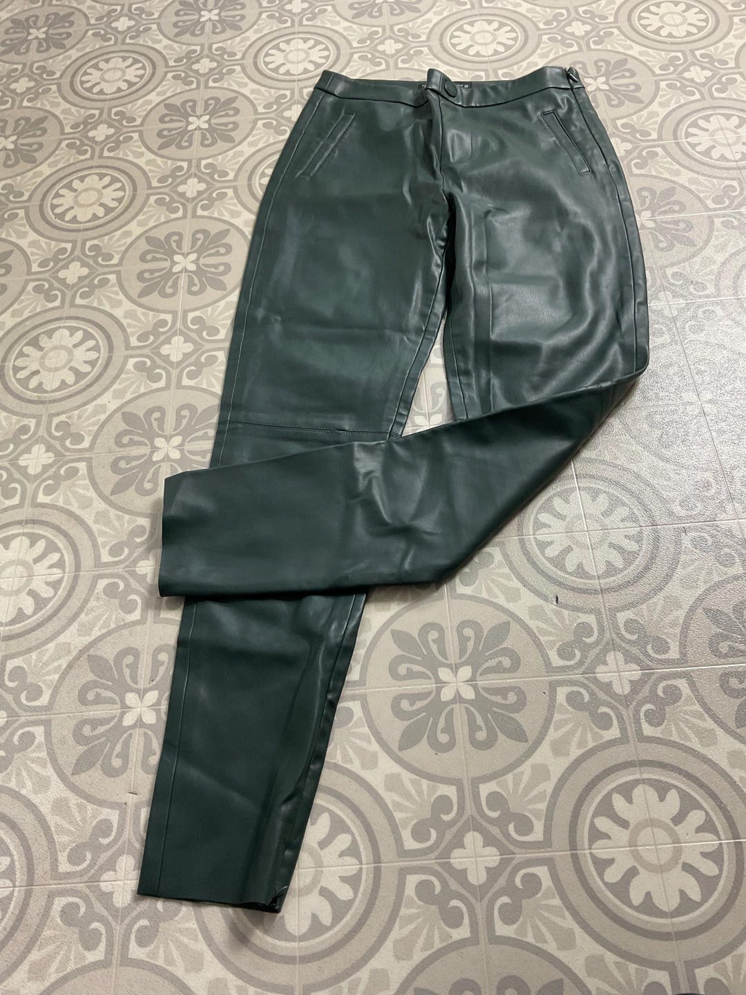 Zara skinny trousers leggings pine green faux leather pleated zip hem S 8 10