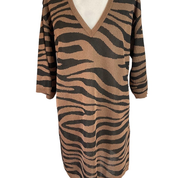 Zara brown black tiger animal metallic knitted vneck jumper tunic dress M 10 12