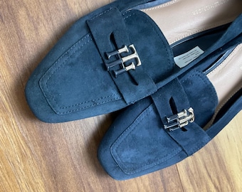 Tommy Hilfiger Misty 4B Navy Suede Leather Loafers Shoes UK 4 EUR 37 Preppy