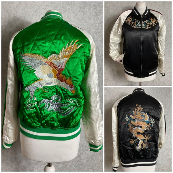 Topshop satin black green reversible dragon eagle embroidery bomber zip jacket 8