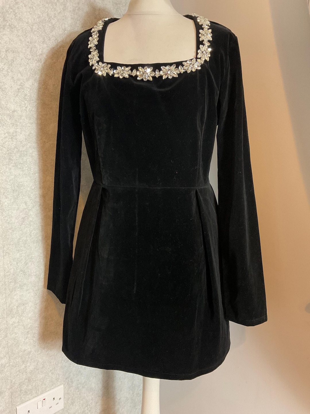 Black Velour Crystal Embellished Dress Short Mini Long Sleeve M Party — free download