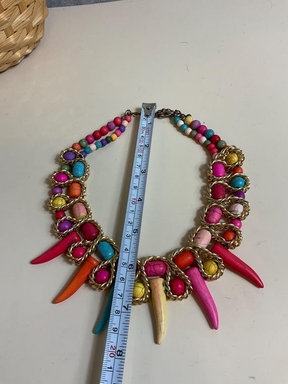 Multicoloured statement necklace Bright tooth hor… - image 3