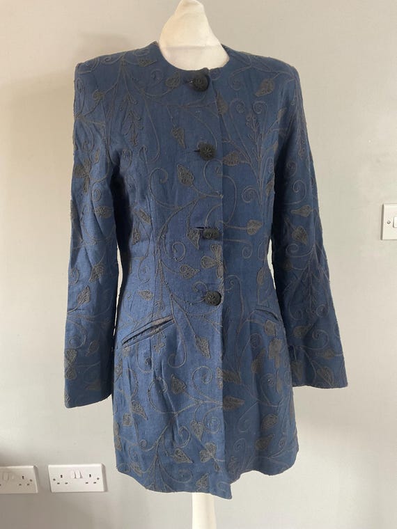 VTG Monsoon Twilight blue silk black embroidered button up coat jacket UK 10