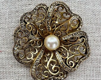 Vintage Les Bernard Inc Flower Rhinestone Brooch