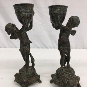 Vintage Maitland Smith Bronze Set of Cherub Candle Holders - Stunning
