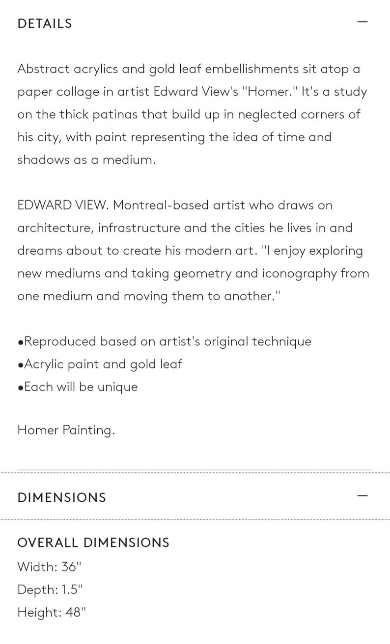 May include: Abstract acrylic and gold leaf embellishments on a paper collage, titled "Homer" by Edward View. Dimensions: 36" wide, 1.5" deep, and 48" high. The artwork is reproduced using acrylic paint and gold leaf.