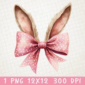 Bunny PNG, Coquette Easter, Brown Bunny Ears, Watercolor Easter Bunny, Clipart, Easter Sublimation, Happy Easter PNG, Bow Aesthetic