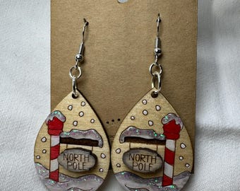 Hand-Painted North Pole Christmas Earrings – Glitter Holiday Wooden Earrings