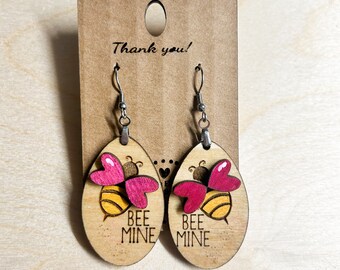 Handcrafted Bee Mine Wooden Dangle Earrings: Boho Valentines Jewelry