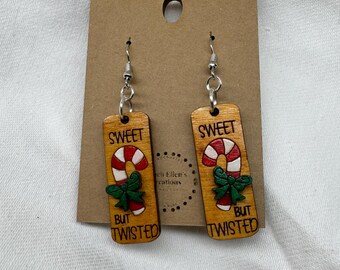 Sweet but Twisted Candy Cane Earrings – Hand-Painted Wood Holiday Dangles