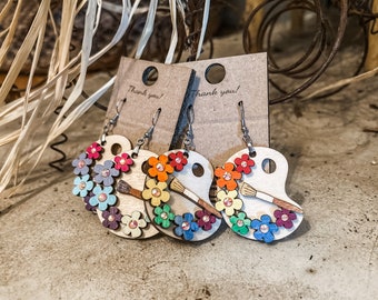 Hand-Painted Wooden Artist Palette Earrings: Boho Dangle Jewelry