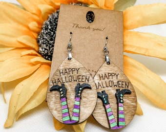 Handcrafted Halloween Witches Feet Wooden Dangle Earrings