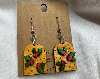 Hand-Painted Holly Berry Christmas Earrings – Wooden Holiday Dangles