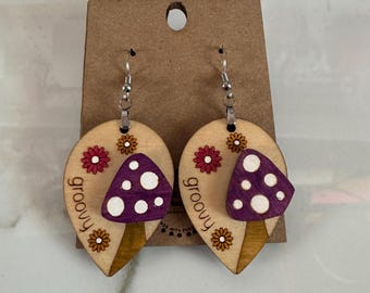 Hand-Painted Mushroom Earrings: 70s Retro Groovy Wood Jewelry