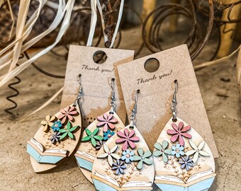 Boho Floral Wooden Dangle Earrings: Hand-Painted Book Lover Jewelry