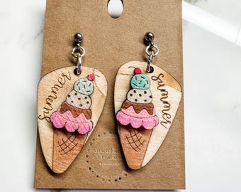 Hand-Painted Ice Cream Cone Earrings: Summer Dessert Dangle Jewelry