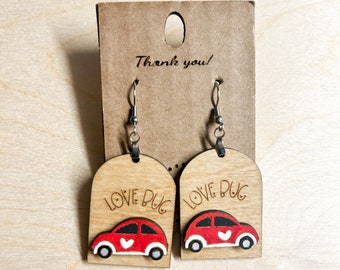 Boho Love Bug Wooden Dangle Earrings: Hand-Painted Valentine's Jewelry