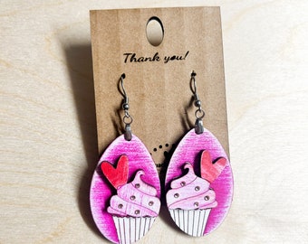 Handmade Cupcake Wooden Dangle Earrings: Boho Jewelry