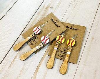 Personalized Baseball Mom Earrings: Birchwood Bat Dangle