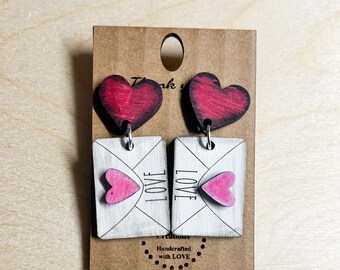 Handmade Love Letter Earrings: Boho Dangle Wood Jewelry