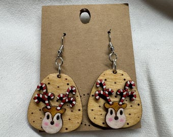 Reindeer Candy Cane Antler Earrings – Hand-Painted Wood Christmas | Festive Holiday Jewelry | Winter Earrings