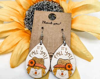 Handcrafted Scarecrow Wooden Earrings: Boho Fall Dangle Jewelry