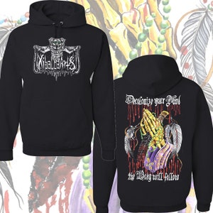 May include: Black hooded sweatshirt with a white graphic on the front that says "Xibalba 45" and a graphic on the back that says "Decolonize your mind the body will follow". The graphic on the back features a pair of skeletal hands holding a knife and a beaded necklace.