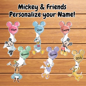 May include: Colorful stickers featuring Mickey Mouse and friends holding balloons with names. The text "Mickey & Friends Personalize your Name!" is at the top. Characters include Mickey, Minnie, Donald Duck, Daisy, Goofy, and Pluto.