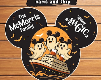 May include: A Halloween-themed Mickey Mouse-shaped design featuring a cruise ship with three cartoon ghosts. The design includes the text "The McMorris Family" and "Disney Magic". The top banner reads "Customize your name and ship".