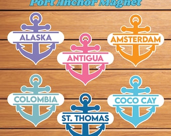 May include: A collection of colorful anchor magnets with the text "Personalized Cruise Port Anchor Magnet." Each magnet features a different destination: Alaska, Amsterdam, Antigua, Colombia, St. Thomas, and Coco Cay. The anchors are in various colors.