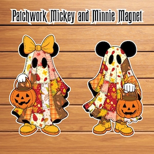 May include: Two Halloween-themed magnets featuring Mickey and Minnie Mouse dressed as ghosts. The ghosts are made of patchwork fabric with fall leaf patterns, holding jack-o'-lantern buckets. The magnets have black mouse ears and the text "Patchwork Mickey and Minnie Magnet".