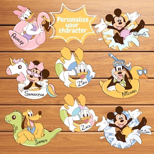 May include: A collection of personalized cartoon character designs, including Mickey Mouse, Minnie Mouse, Donald Duck, Daisy Duck, Goofy, and Pluto, each with a name on a floatie or inflatable. The text "Personalize your character" is also present.