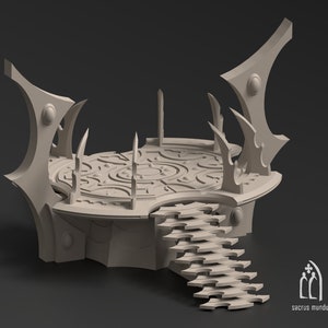 May include: A 3D printed model of a circular platform with an intricate design, surrounded by four spiky, curved structures. The platform has a set of stairs leading down from one side. The model is made of a light grey material.