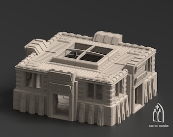 May include: A detailed, beige 3D-printed model of a building with a complex, geometric design. The structure features multiple windows, a flat roof with a skylight, and intricate architectural details. The model is set against a dark gray background.