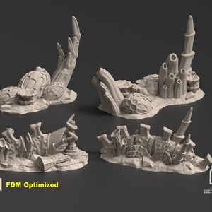 Puede incluir: Cuatro modelos impresos en 3D de resina de estructuras de arrecifes de coral submarinos alienígenas o de fantasía. Los modelos están impresos en gris claro y están diseñados para juegos de mesa o pintura en miniatura.