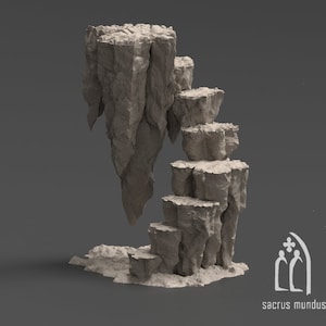 Puede incluir: Un modelo impreso en 3D de una formación rocosa con una serie de escalones que conducen a un gran acantilado irregular. El modelo está hecho de un material gris claro y tiene una superficie rugosa y texturizada. El modelo se coloca sobre un fondo gris.